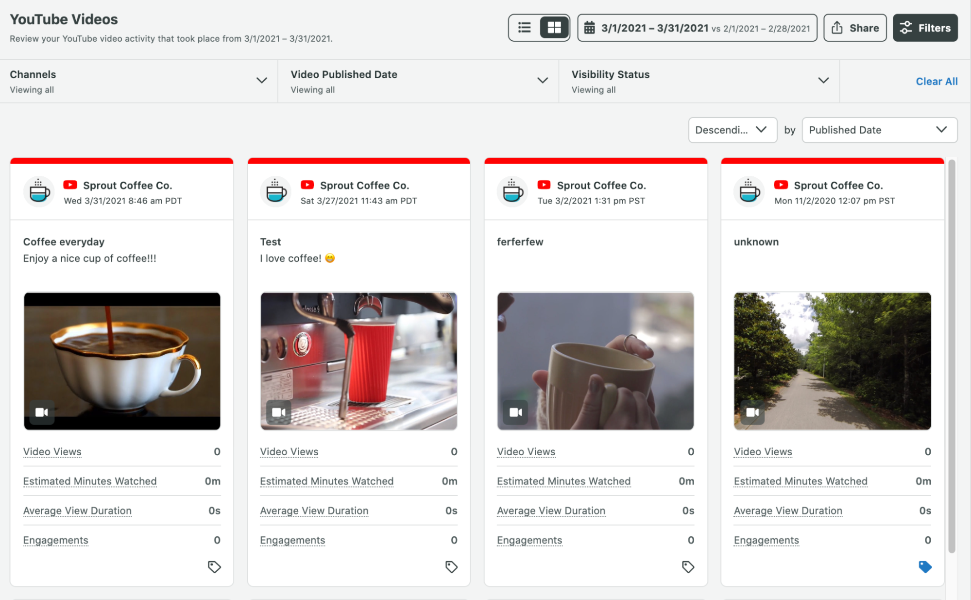 Screen Shot of YouTube Analytics report by Sprout Social containing four videos with watch, duration and engagement metrics