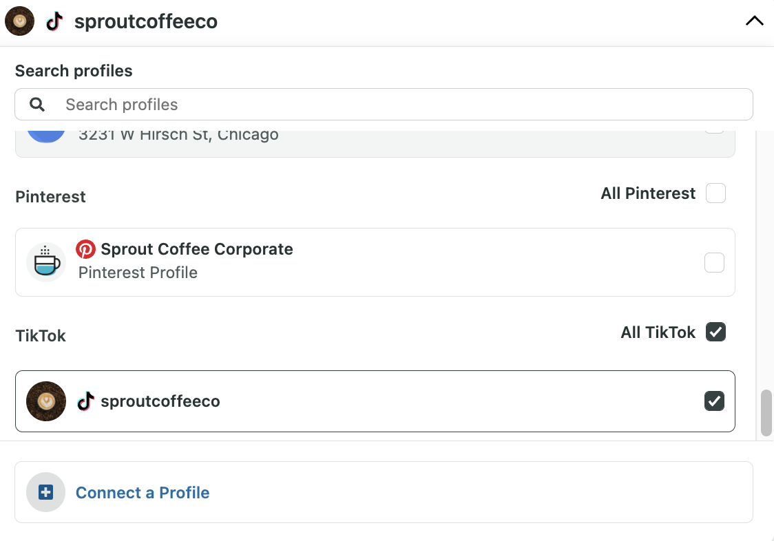 Sprout Coffee Co - Profile picker with TikTok selected